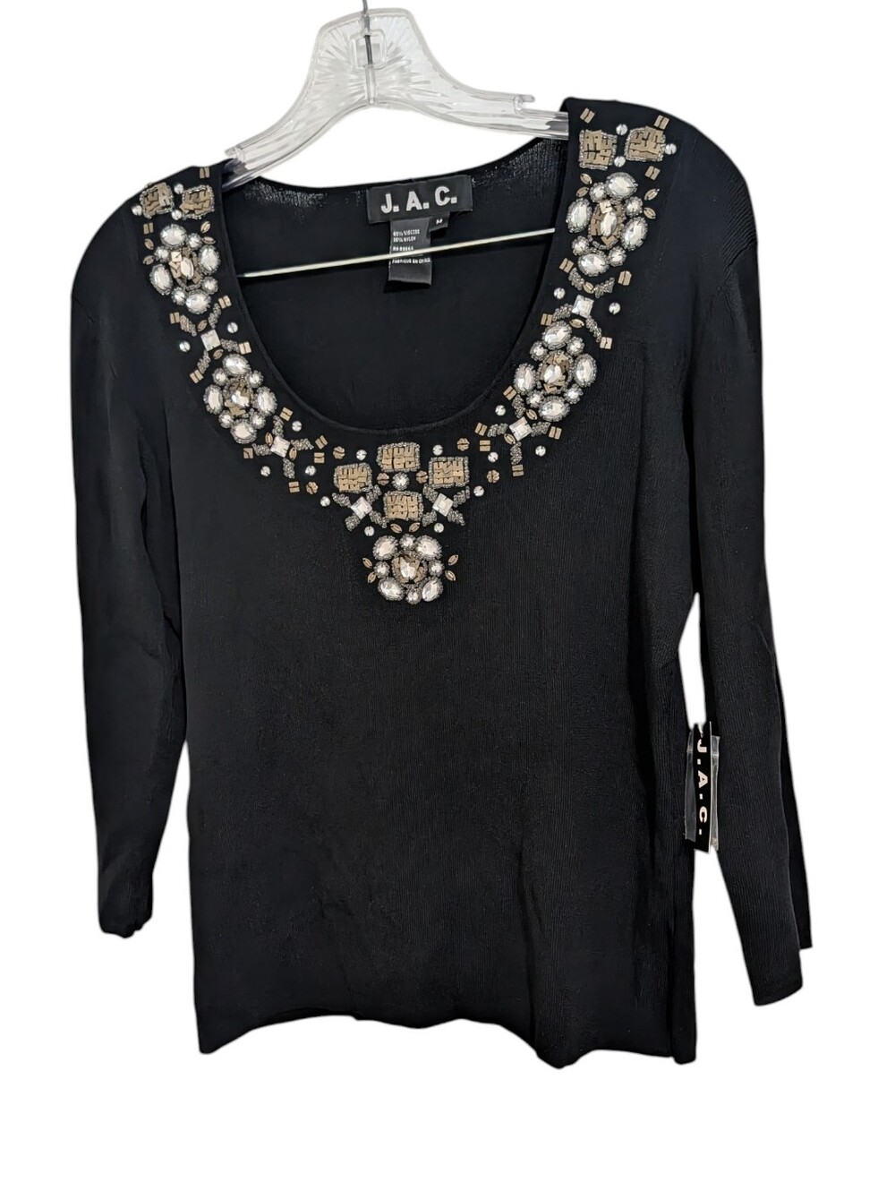 NWT JAC Black Jeweled Scoop Neck 3/4 Sleeve Top Bedazzled Rhinestone Women's M